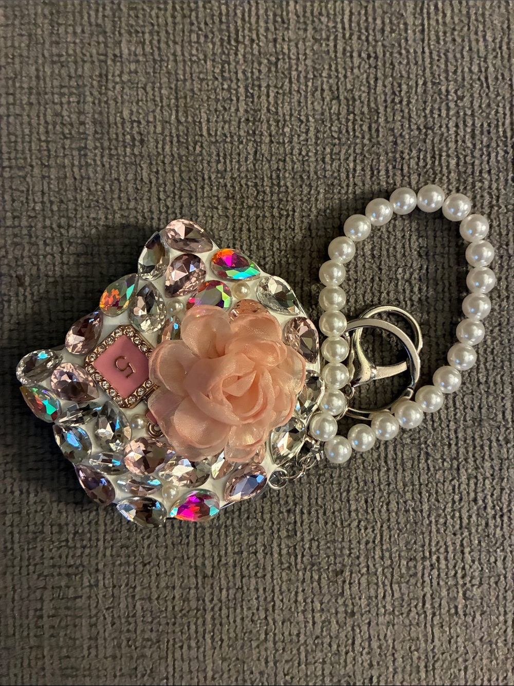 Crystal & Pearl Wristlet Keychain with Pink Flower